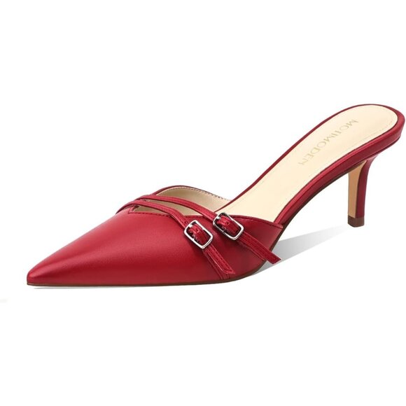 Motimoden Kitten Heels Red Faux Leather Women's Pointed Closed Toe Slip Pumps - Picture 1 of 7